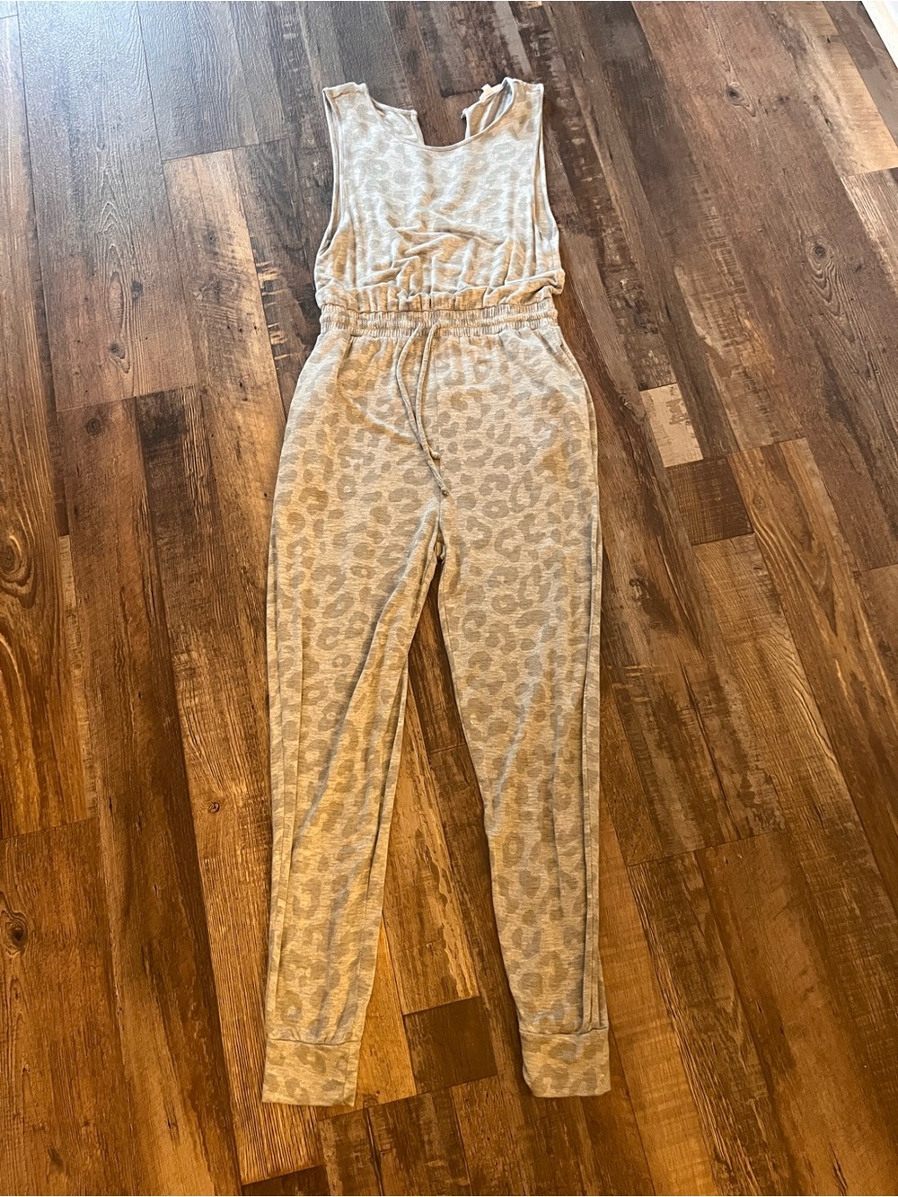 Sleeveless Leopard-Print Knit Jumpsuit - Beige